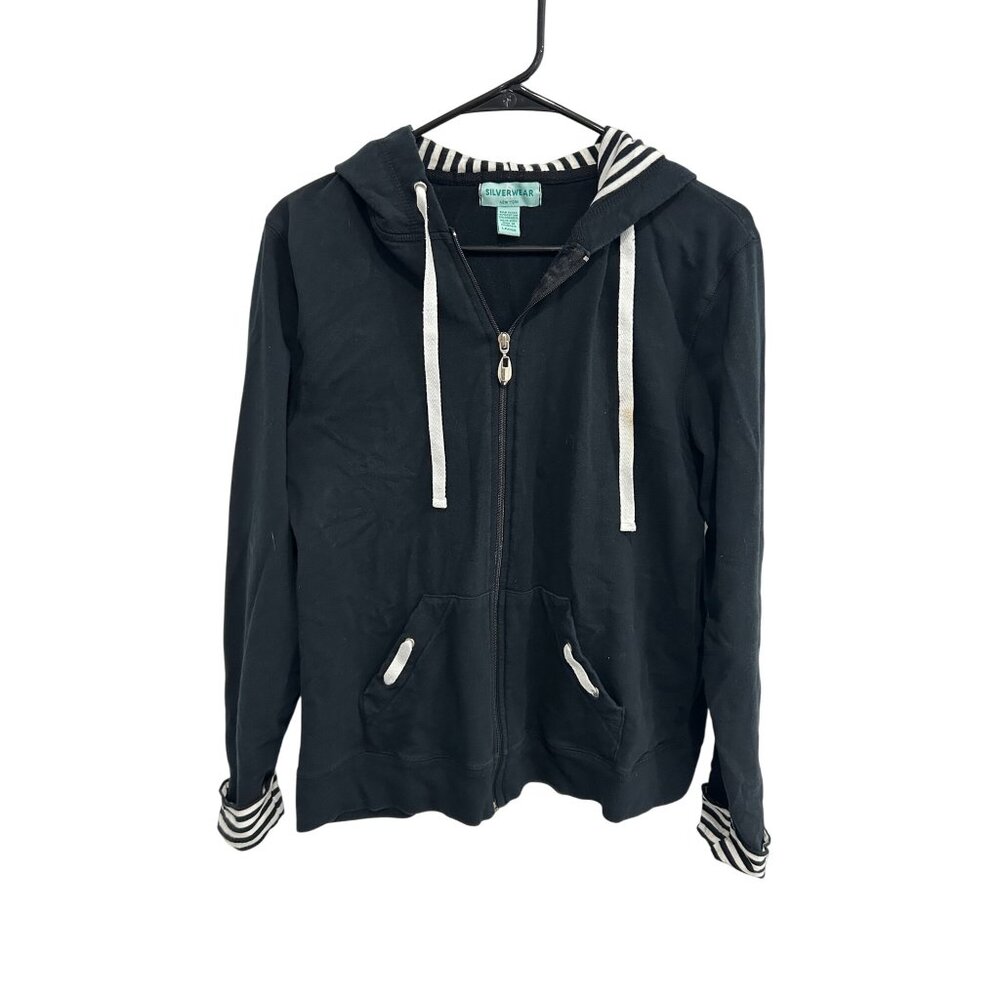 Silverwear Black Zip-Up Hoodie With Striped Lining Pockets Size L